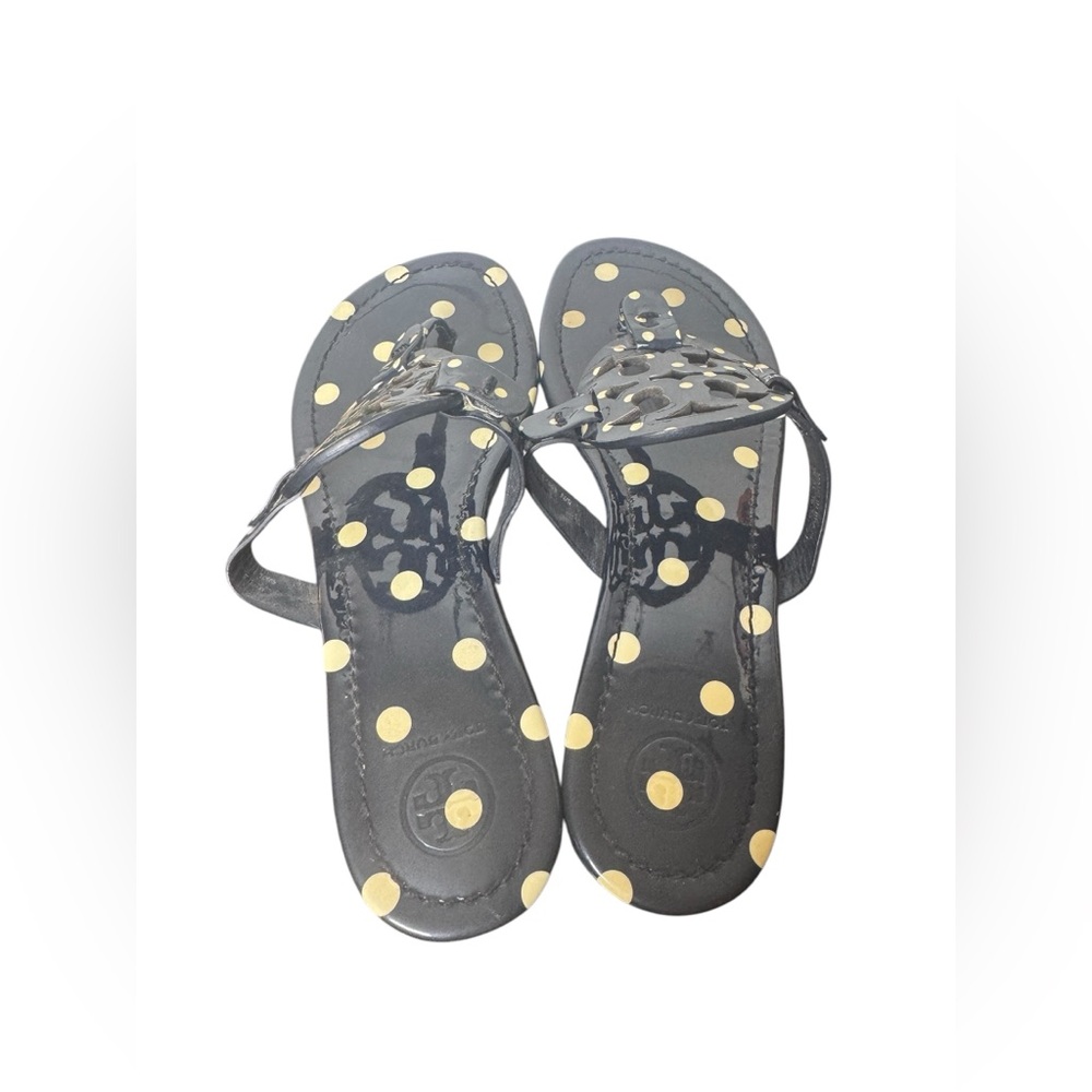 Tory Burch Miller Printed Patent Leather Navy Classic Polka Dot Sandals Sz 8.5 - Picture 3 of 6